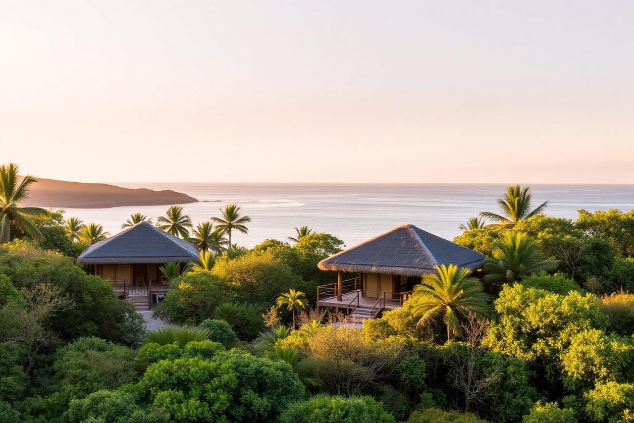 Timber and stone lodge in a Madagascar landscape